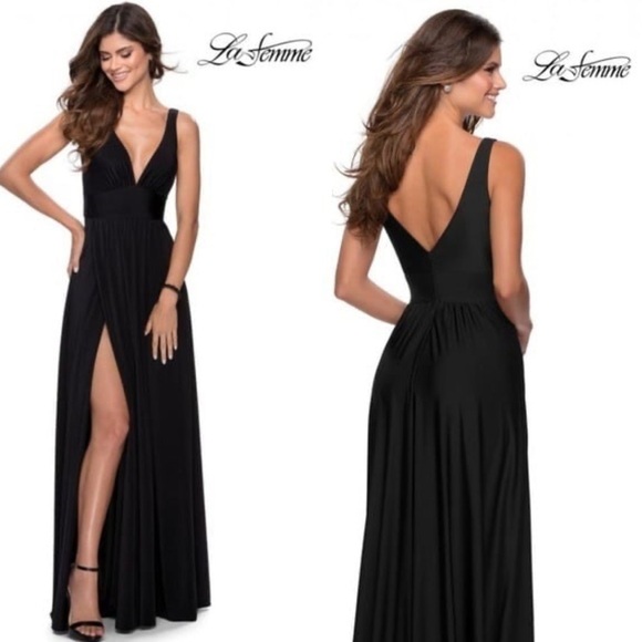 La Femme Black V-Neck Jersey Empire Waist Gown Dress Size 4 US NWT